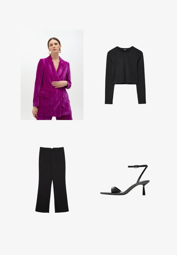 Fuksia samettitakki, jossa on tekstuuripinta, huippulapelit, yksittäinen napitus ja kaksi etutaskua. Moderni ja jämäkkä muotoilu.; Mustat pitkät hihat lyhyt toppi, jossa on pyöreä kaula-aukko, yksinkertainen muotoilu ja hieman kaareva helma.; Mustat housut suoralinjaisella leikkauksella, joissa on etutaskut ja sivurei'ät helman alla. Valmistettu pehmeästä ja sileästä kankaasta. Sopii eri tilaisuuksiin.; Bershka Korolliset sandaalit - black