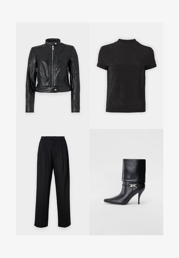 Mustmust nahkjakker, millel on lühike disain, kõrge krae, eesneip ja lukuga küljetaskud. Sile tekstuur ja läbitöötatud õmblused.; Must ikka lühikeste varrukatega topp, millel on kõrge kaelus ja tekstuuridega muster, kus on diamanthädasid. Pehme materjal sileda viimistluse ja kerge sädelusega.; Mustad püksid elegantse lõikega, kõrge talje, voldid ja sirge jalgade lõikega. Valmistatud siledast kangast ühtlases värvitoonis.; Mustad nahast pahkluu saapad terava nina, kõrge stilettokanna, volditud äärega ja kuldse dekoratiivse pandlaga pahkluul.