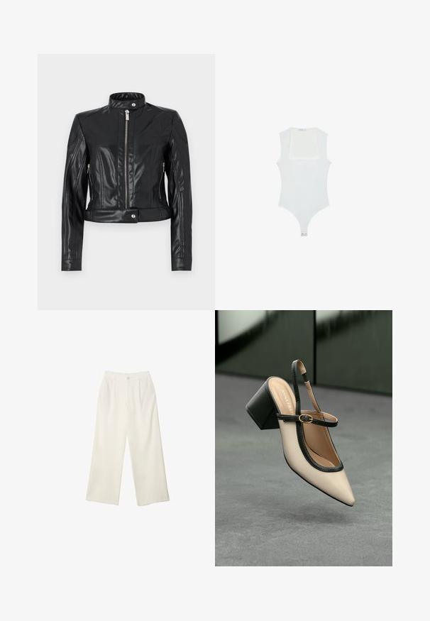 Giacca in pelle nera con design cropped, dotata di un colletto alto, zip frontale e tasche laterali con zip. Texture liscia con cuciture su misura.; Body bianco con scollatura quadrata, design senza maniche, texture liscia e chiusura a pressione sul fondo. Stile semplice e minimalista.; Pantaloni a gamba larga in tessuto crema con una texture liscia, caratterizzati da un singolo bottone frontale, pieghe sottili e un design a vita alta.; Scarpa beige con punta a stivale, con rifiniture nere, fibbia dorata e tacco a blocco spesso su un pavimento grigio con sfondo verde scuro.