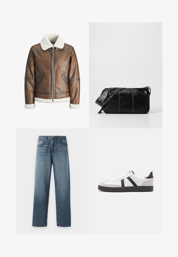 Pruun nahk bomber-jakk valge kitsesoomuse krae ja mansettidega, millel on tõmblukk ja küljetaskud. Tootel on nahast äärised.; Beesvärviline kudumisjakker, millel on tekstuuriline muster, klassikaline krae ja ribadest mansetid. Valmistatud pehmest ja kergest materjalist.; Sirged sinise denimist teksad sirgjoonesega, heledama pesuga, viie tasku disainiga, metallnööpide ja vöörihmadega. Kindel, keskmise raskusega kangas.; Valged tossud mustade ja hallide aktsentidega, tekstureeritud halli varbakattega, musta kummitald ja lamedad valged paelad. Puhtad jooned, minimalistlik stiil.; Must mustra nahkainine õlakott, millel on tõmblukk, tekstureeritud pind, valged õmblused ja rihm hõbedaste rõngastega.