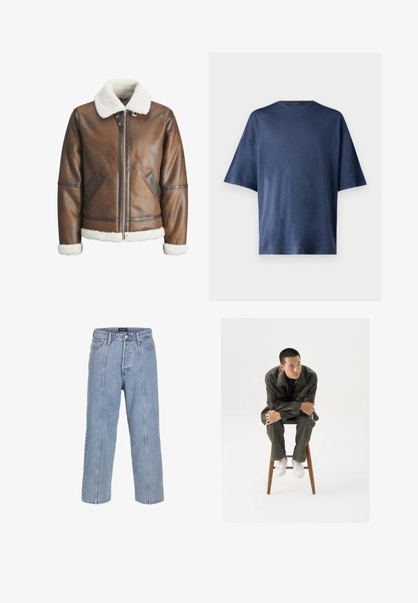 Ruskea nahkainen pommikonejacke, jossa on valkoinen keinonahka kaulus ja hihansuut, varustettu vetoketjukiinnityksellä ja sivutaskuilla. Korostettu nahkakaitaleilla.; T-paita tummansinisestä pehmeästä kankaasta, lyhythihainen, klassinen pyöreä kaula-aukko ja rento istuvuus, ilman näkyviä kuvioita tai yksityiskohtia.; Vaaleansiniset farkut, joissa on löysä istuvuus, leveät lahkeet ja näkyvät ompelu részletek. Sisältää napin ja vetoketjun sulkemisen, viisi taskua.; Ruskea nahkatakki, jossa on leveä kaulus, yhdistetty tummanvihreisiin farkkuihin ja valkoisiin tennareihin. Malli istuu puujakkaralla.