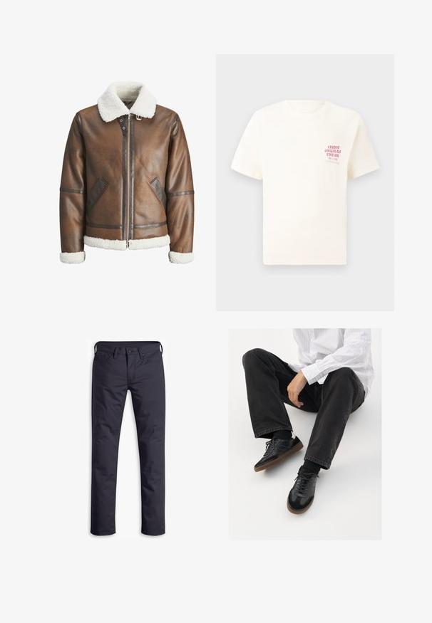 Bruine leren bomberjack met een witte schapenvacht kraag en manchetten, met ritssluiting en zijzakken. Aangevuld met leren afgewerkte details.; Witte T-shirt met korte mouwen met rode tekst "Studio Originals Edition" op de linker borst, weergegeven op een neutrale grijze achtergrond.; Donker marineblauwe jeans met een recht model, gemaakt van soepele katoenstof. Beschikt over vijf zakken en een knoopsluiting.; Zwarte sneakers met een glad en textuur detail, voorzien van een rubberen zool en donkere veters. Gecombineerd met zwarte jeans en een wit gestreept shirt.