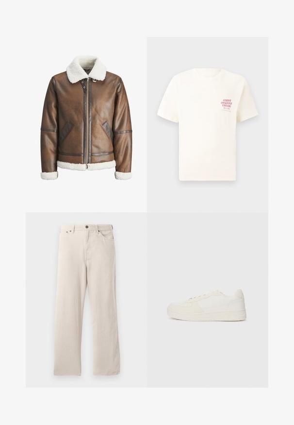 Veste bombardier en cuir marron avec un col et des poignets en shearling blanc, équipée d'une fermeture éclair et de poches latérales. Accentuée de garnitures en cuir.; T-shirt blanc à manches courtes avec le texte rouge "Édition Originals du Studio" sur la poitrine gauche, présenté sur un fond gris neutre.; Pantalon droit en velours beige, avec une texture côtelée, un design à cinq poches et une fermeture à boutons.; Baskets blanches avec un dessus en cuir lisse et des accents en daim. Elles disposent d'un bout perforé, de lacets plats et d'une semelle en caoutchouc avec des détails texturés.