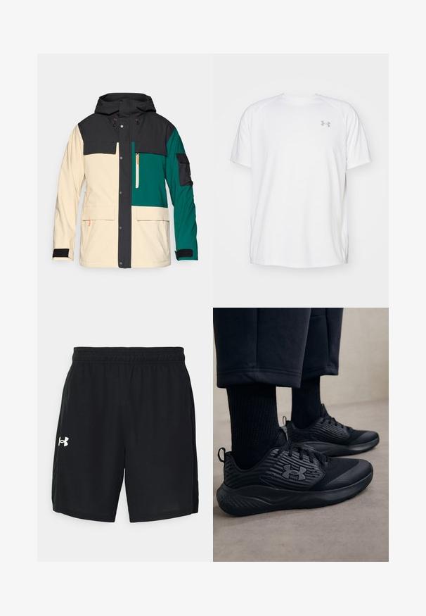 Spalvų blokų striukė su juodu kapišonu, kreminiu korpusu ir mėlynos žalios akcentais. Yra snapų uždarymas, kelios kišenės ir reguliuojami rankogaliai.; Balta trumpa rankovėmis sportinė marškinėliai, pagaminti iš lygaus audinio. Yra apvalus kaklas ir pilkas logotipas kairėje krūtinės pusėje, o apatinėje dalyje yra šoninės plyšiai.; Juodi sportiniai šortai, pagaminti iš lengvos medžiagos, su elastinga juostele ir balta logotipu kairėje pusėje.; Asmuo vilki juodus sportinius batus su tekstūruotomis šoninėmis dalimis ir logotipu, su juodomis kojinėmis ir trumpais kelnais, stovintis ant šviesaus grindų paviršiaus.