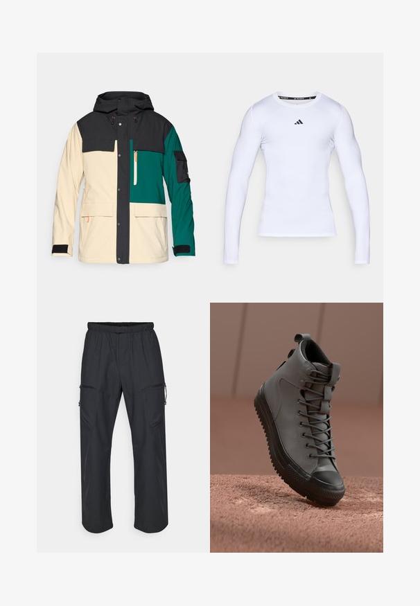 Color-blocked jacket with a black hood, cream body, and teal accents. Features snap closure, multiple pockets, and adjustable cuffs.; White long-sleeve athletic shirt made of stretch fabric, featuring a round neckline and a black Adidas logo on the chest.; Black cargo pants featuring an elastic waistband, two zippered pockets, and a lightweight, smooth fabric texture.; High-top sneaker in gray leather with a textured finish, black rubber toe cap, and gray laces. Features a pull tab at the heel.