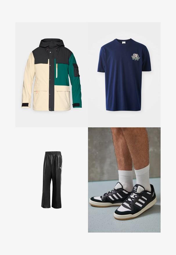 Jakna u boji s crnom kapuljačom, kremastim tijelom i teal detaljima. Sadrži kopčanje na dugmad, više džepova i podesive manžete.; Tamno plava pamučna majica s kratkim rukavima, okruglim izrezom i vezenim logotipom s lovorovim detaljima na lijevoj strani prsnog koša.; Crne sintetičke trenirke s elastičnom waistbandom, sa bijelim bočnim prugama i malim bijelim logoom na lijevom kuku.; Crne i bijele tenisice s gornjim dijelom od antilopa i kože, s tri bijele pruge, perforiranim prstom i gumiranim potplatom.