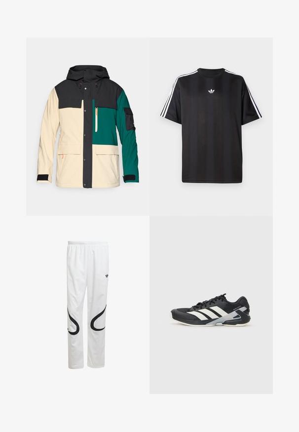 Kurtka w kolorowe bloki z czarnym kapturem, kremowym korpusem i akcentami w odcieniu teal. Posiada zapięcie na zatrzaski, liczne kieszenie oraz regulowane mankiety.; Czarna koszulka z krótkim rękawem z białymi, trzema paskami na ramionach oraz małym białym logotypem na klatce piersiowej. Gładka tekstura materiału.; Białe spodnie sportowe o gładkiej fakturze, z czarnymi krzywymi wzorami po bokach i czarnym logo w pobliżu pasa.; Czarne buty sportowe z białymi paskami, siateczkowa cholewka, zaokrąglony czubek i amortyzowana podeszwa. Posiadają teksturowany obcas i pewny system sznurowania.
