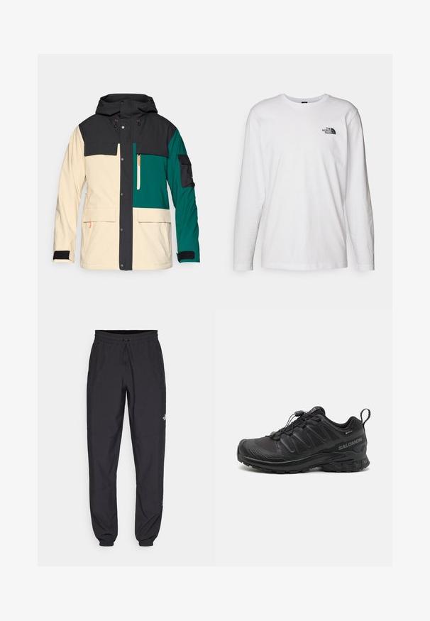 Väriestämätön takki mustalla hupulla, kermavärisellä vartalolla ja teal-värisillä yksityiskohdilla. Varustettu napituskiinnityksellä, useilla taskuilla ja säädettävillä hihoilla.; Valkoinen pitkähihaisen T-paita, joka on valmistettu puuvillasta ja jossa on pyöreä kaula-aukko. Rintamuksessa on pieni musta logo. Sileä kangas, normaali malli.; Mustat urheiluhousut, jotka on valmistettu kevyestä kankaasta. Housuissa on naru vyötäröllä, sivutaskut ja kapenevat hihnat nilkoissa.; Musta urheilukenkä, jossa on teksturoitu synteettinen päällinen, pehmustettu pohja ja nopea nauhoitusjärjestelmä. Varustettu vahvistetulla varpaalla ja kantapäällä.
