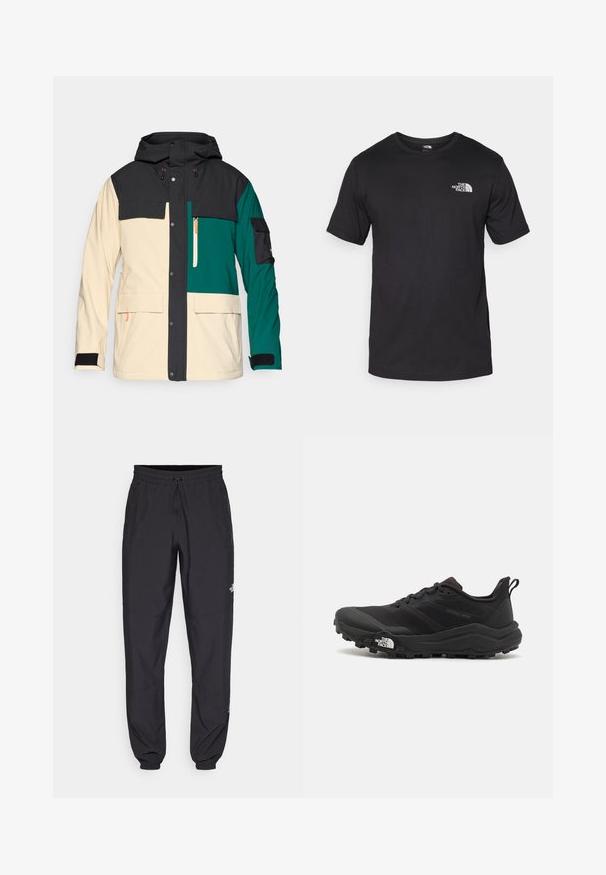 Color-blocked jacket with a black hood, cream body, and teal accents. Features snap closure, multiple pockets, and adjustable cuffs.; Black short-sleeve t-shirt made of cotton, featuring a round neckline and a small white logo on the upper left chest area.; Black athletic pants made from lightweight fabric, featuring a drawstring waistband, side pockets, and tapered cuffs at the ankles.; Black trail running shoe with a textured upper, rubber sole, and reinforced toe cap. Features a padded collar and pull tab for easy wear.