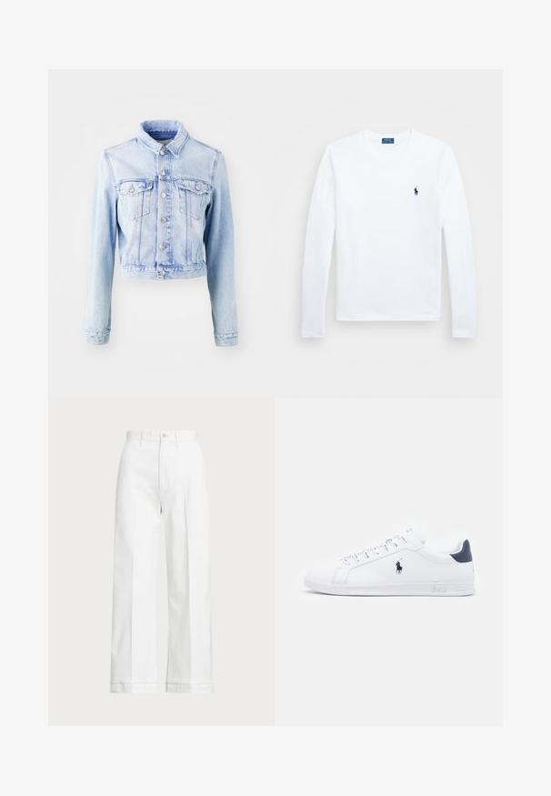Svijetloplavi traper jakna s krojenjem iznad struka, s gumbom za zatvaranje, dvije prsne džepove i klasičnom ovratniku. Glatka tekstura i dugi rukavi.; Bijela košulja dugih rukava, pamuk, okrugli izrez, s malim mornarskim logotipom na lijevoj strani prsiju. Jednostavan dizajn, regularna kroja.; Bijele široke hlače s visokim strukom, s kopčanjem na dugme i suptilnim detaljima šivanja. Izrađene su od pamuka s glatkom teksturom.; Bijele kožne tenisice s glatkom površinom, tamnoplave naglaske i mali logo sa strane. Imaju ravne vezice i teksturiranu gumu za potplat.