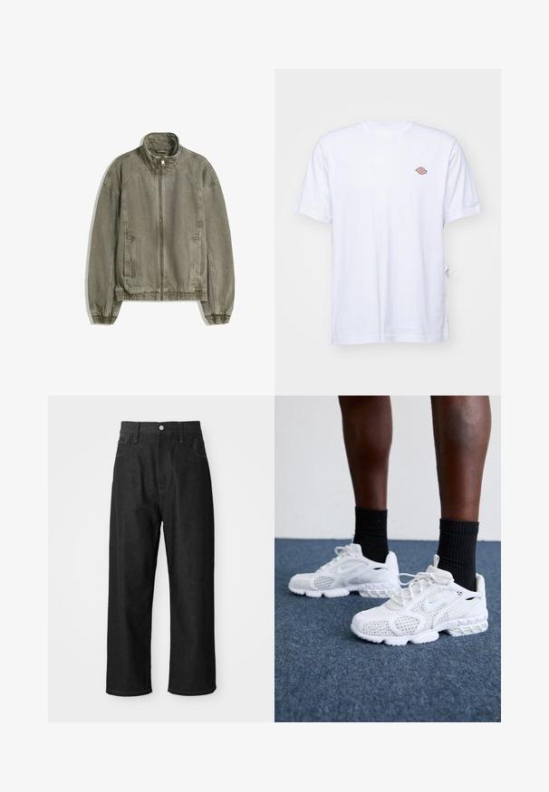 Ljusbrun avslappnad zip-up jacka med hög krage, elastiska manschetter och nederkant, samt framfickor, liggande platt på vit bakgrund.; Vit bomullströja med v-ringning och korta ärmar. Har en liten färgglad broderad logotyp på vänster bröst. Mjuk textur.; Svarta jeans med avslappnad passform, hög midja, dragkedjestängning och femfickorsdesign. Synlig sömnad som accentuerar plagget.; Vita sportskor med meshovandel, texturerade detaljer och välvd sula. Matchade med svarta ribbade ankelsockor på en blå heltäckningsmatta.