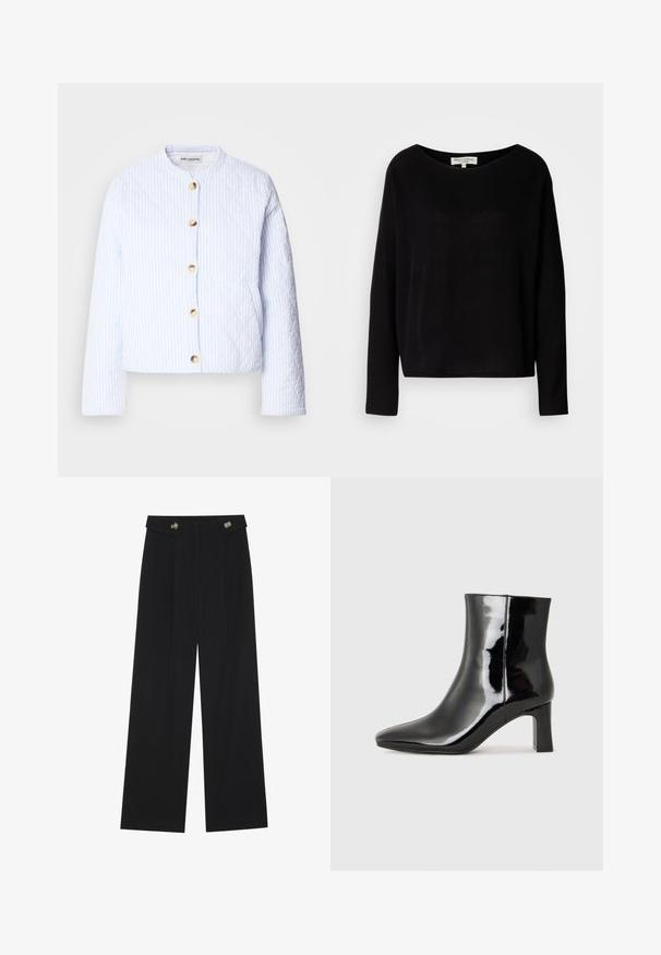 Kraťasová bunda v svetlomodrej farbe s bielymi pruhmi, s okrúhlym výstrihom a zlatým zapínaním na gombík. Hladká textúra a skrátený strih.; Čierna košeľa s dlhým rukávom vyrobená z mäkkého materiálu, s širokým okrúhlym výstrihom a voľným strihom, bez viditeľných vzorov alebo doplnkov.; Čierne široké nohavice s vysokým pásom, so zapínaním na gombíky na páse a prednými sklady.; Čierne lakované členkové topánky s špicatou špičkou a stredne vysokým blokovým podpätkom. Hladká textúra a minimalistický dizajn.