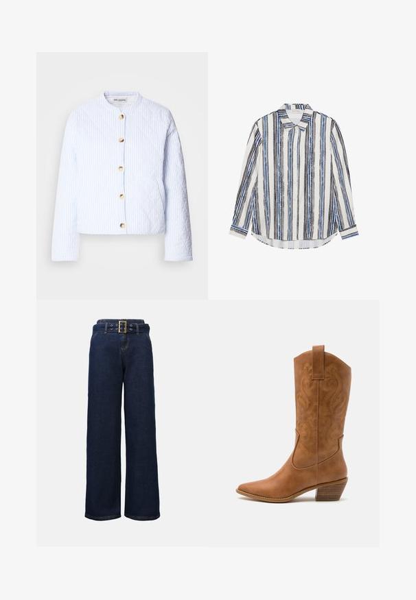 Világoskék steppelt kabát fehér csíkokkal, kerek nyakkivágással és arany gombos záródással. Sima textúra és rövidített fazon.; Gombos ing, amelyen függőleges csíkok láthatók kék, fekete és fehér árnyalatokban. Simogató anyagból készült, klasszikus gallérral és gombos záródással.; Sötétkék, bőszárú farmernadrág, varrott zsebekkel és egy hozzáillő övvel, nagyméretű, téglalap alakú arany csattal.; Barna bőr cowboy csizma hegyes orral, hímzett örvény mintákkal a szárán, és stílusos, réteges blokk sarokkal. Kihúzó füle segíti a könnyű felhúzást.