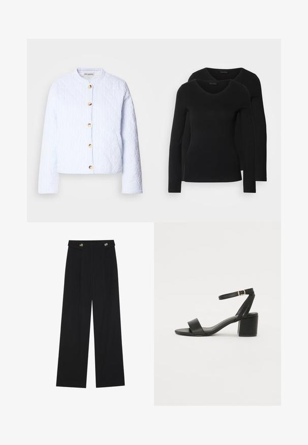 Pikasta jakna svijetloplave boje s bijelim prugama, s okruglim izrezom i zlatnim kopčanjem. Glatka tekstura i kraći dizajn.; Dva crna majice dugih rukava s V-izrezom, izrađene od mekanog, rastezljivog materijala, s glatkom teksturom i prilagođenim oblikom.; Crne hlače širokih nogavica s visokim strukom, s dugmadi na pojasu i prednjim nabora.; Crne sandale na visoku petu s glatkim kožnim gornjim dijelom, otvorenom kapicom, širokim prednjim trakama i podesivim remenom oko gležnja s detaljem zlatne kopče.