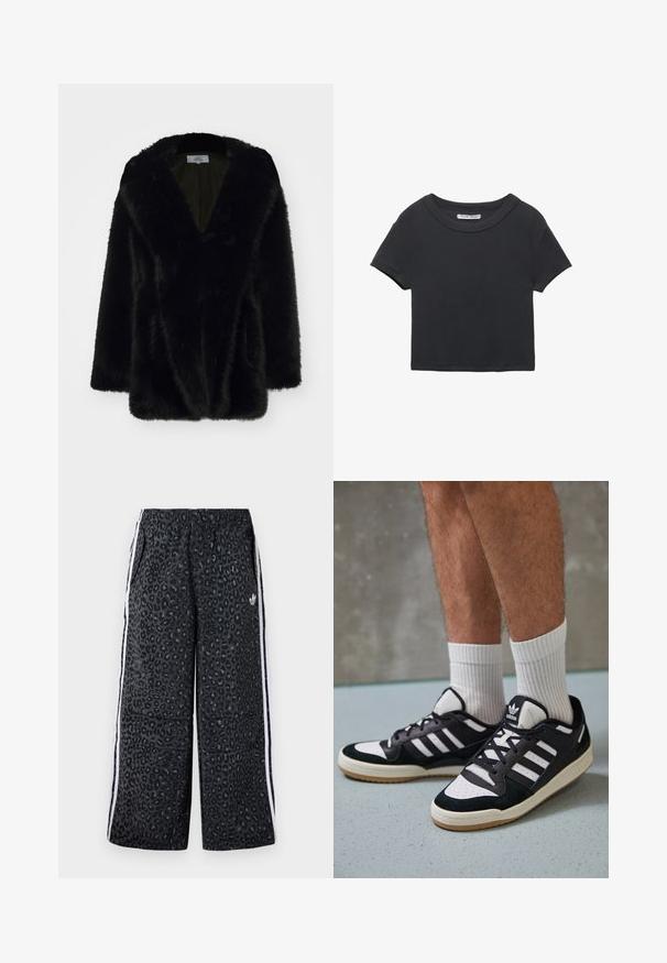 Črn plašč iz umetnega krzna z globokim V-izrezom, mehko teksturo, ohlapnim krojem in širokimi rokavi. Znotraj je podložen z eno samo temno barvo.; Črna skrajšana majica iz rebrastega materiala. Ima okroglo ovratnico in kratke rokave. Preprost dizajn brez vzorcev ali dodatkov.; adidas Originals GRAPHIC UNISEX - Spodnji deli trenirk - black; Črno-bele superge z zgornjim delom iz usnja in nubuka, ki imajo tri bele črte, perforiran vrh prstov in podplat iz gume.