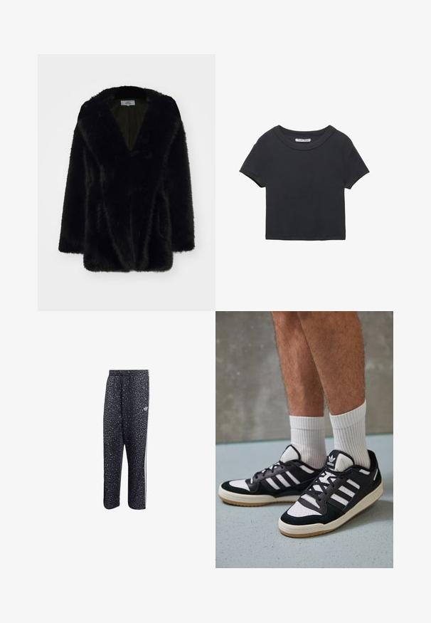 Palton negru din blană artificială cu decolteu în V adânc, textură moale, croială lejeră și mâneci largi. Interiorul este căptușit cu o culoare închisă solidă.; Tricou scurt negru din material cu textură ribbed. Dispune de un decolteu rotund și mâneci scurte. Design simplu, fără modele sau accente.; Pantaloni de sport negri cu un model din leopard, având un design cu trei dungi albe și un logo al brandului sportiv pe lateral.; Adidași negri și albi cu un superior din suede și piele, prevăzuți cu trei dungi albe, un vârf perforat și o talpă din cauciuc caramel.