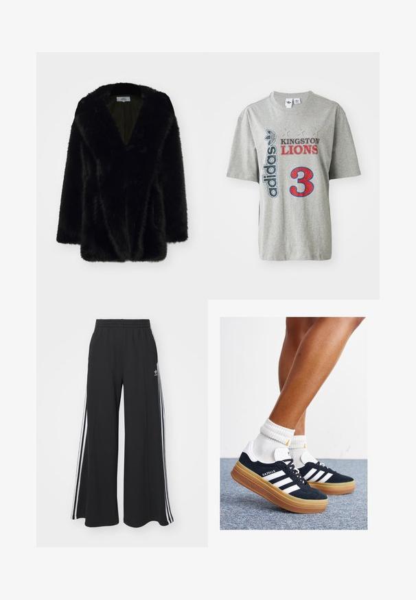 Svart faux fur frakk med dyp V-hals, myk tekstur, løs passform og vide ermer. Innvendig er den foret med en ensfarget mørk farge.; Grå bomull t-skjorte med "adidas" logo, "KINGSTON LIONS" tekst i rødt og svart, og en stor rød "3" grafikk på fronten. Korte ermer.; Svart vide joggebukser med elastisk midjebånd, med hvite sidestriper og brodert logo på venstre lår.; Svarte sneakers i semsket skinn med hvite striper og detaljer, rund tå, yttersåle i gummigummi, kombinert med hvite ribbestrikkede crew-sokker.