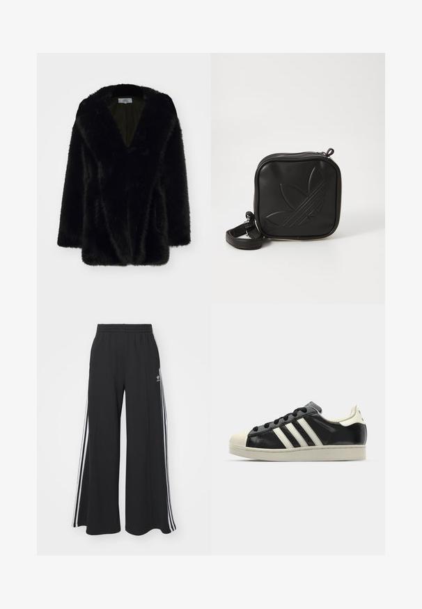 Black faux fur coat with a deep V-neckline, soft texture, loose fit, and wide sleeves. Inside is lined with a solid dark color.; Black cotton short-sleeve t-shirt with round neck, featuring white stripes on shoulders and a small white Adidas logo on the chest.; Black wide-leg sweatpants with an elastic waistband, featuring white side stripes and an embroidered logo on the left thigh.; Black leather sneaker with white stripes, rubber toe cap, black laces, and a cream-colored outsole. Smooth texture with shiny finish.; Black square crossbody bag made of textured synthetic material. Features an embossed logo design and adjustable strap. Zipper closure.