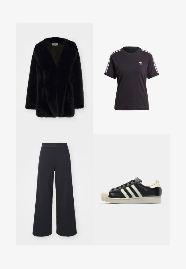 Casaco de pêlo sintético preto com um decote em V profundo, textura suave, corte solto e mangas largas. O interior é forrado com uma cor sólida escura.; T-shirt preto de algodão de mangas curtas com gola redonda, apresentando riscas brancas nos ombros e um pequeno logotipo branco da Adidas no peito.; Calças de fato largas, pretas, feitas de tecido macio, com uma cintura elástica e um pequeno logótipo do lado esquerdo.; Sapatilha de couro preto com riscas brancas, biqueira de borracha, atacadores pretos e sola na cor creme. Textura suave com acabamento brilhante.