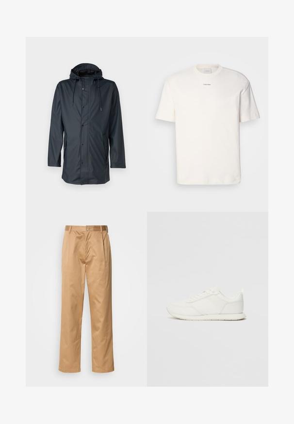 Tumši zila ūdensizturīga jaka ar kapuci, kurai ir garas piedurknes, pogu priekšpuse un sānu kabatas. Gluda tekstūra un minimālistisks dizains.; Balta kokvilnas T-kreklu ar apaļu kaklu, īsām piedurknēm un izšūtu "Calvin Klein" logotipu krūšu centrā. Vienkāršs dizains.; Khaķi bikses, kokvilnas maisījums, taisna kāja, priekšējās krokas, jostas cilpas un pogu aizdare. Gluda tekstūra bez rakstiem.; Baltie sporta apavi ar mežģīņu un sintētisko augšdaļu, apaļu purngalu, plakanu mežģīņu un teksturētu sānu joslu. Gumijas zole ar cilpu aizmugurē.