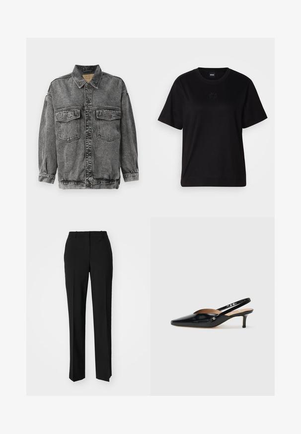 Črna prenašena denim jakna z gumbnim zapiranjem, dvema prsama z žepoma s poklopcem, dolgimi rokavi in usnjeno ovratnikom.; Črna bombažna majica s krožnim izrezom, kratkimi rokavi in izvezenim logotipom na prsih. Preprosta, sproščena silhueta brez vzorcev.; Črne krojene hlače s direktnim krojem, ki se ponašajo z gladko teksturo in ostrimi pregibi spredaj. Ni vidne kovine.; Črne patentne usnjene slingback salonarje s koničastim nosom, majhnim členkom in izrezljanim dizajnom na vrhu. Akcenti iz zlatega tona na strani.