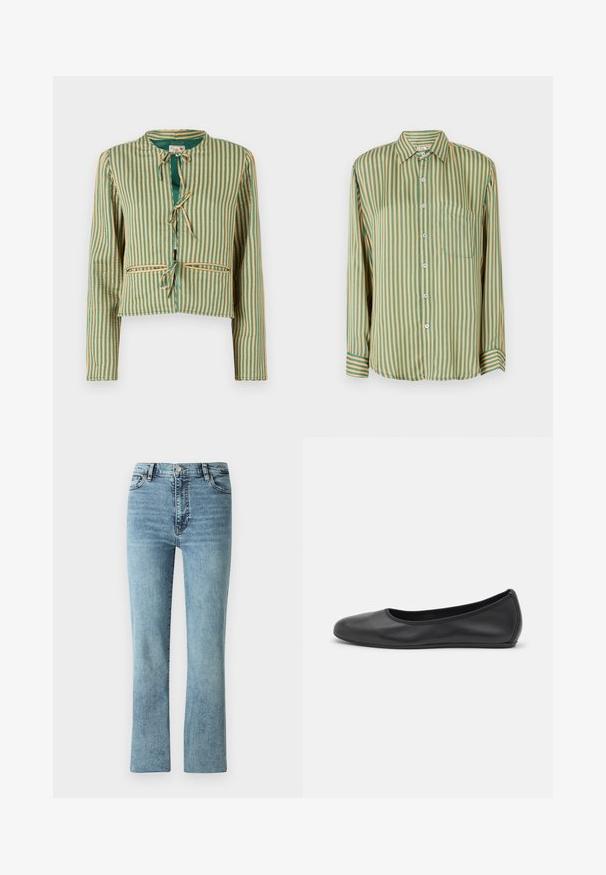 Stripet jakke i grøn og beige med en cropped design. Har lange ærmer, en rund krave og snore foran. To forlommer.; Langærmet skjorte med knapper i grønne og gule lodrette striber, med en brystlomme og blå knapper. Fremstillet af glat stof.; Lysblå denim jeans med lige ben design, høj talje og diskrete slidmærker. Har klassisk fem-lomme stil og metalbeslag.; Sort læderballetsko med rund tå, glat tekstur, minimal syning og et fleksibelt såldesign.