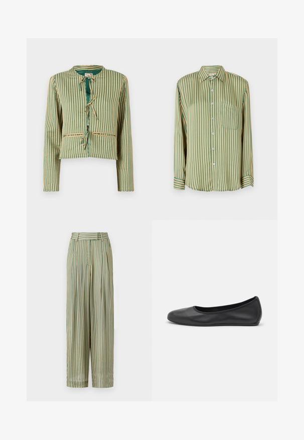 Stripet jakke i grønn og beige med en kort design. Har lange ermer, en rund krage og bånd foran. To frontlommer.; Langermet skjorte med grønne og gule vertikale striper, med en brystlomme og blå knapper. Laget av glatt stoff.; MILLE CARA PANT - Bukse - almond/green; Svart skinnballettflatt med rund tå, glatt tekstur, minimal sømdetalj, og et fleksibelt såledesign.