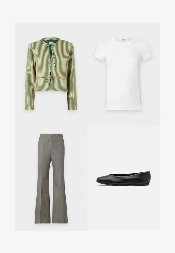 Gestreifte Jacke in Grün und Beige mit einem cropped Design. Merkmale sind lange Ärmel, ein runder Kragen und Bindebänder an der Vorderseite. Zwei Vordertaschen.; Weißes geripptes T-Shirt mit kurzen Ärmeln und Rundhalsausschnitt. Der Stoff wirkt glatt und hat eine figurbetonte Silhouette. Markenlabel am Kragen sichtbar.; Graue, ausgestellte Hosen aus strukturiertem Stoff mit maßgeschneidertem Schnitt, subtilem Karomuster und Vorderfalten für ein elegantes Erscheinungsbild.; Paul Smith TOPANGA - Klassischer Ballerina - black