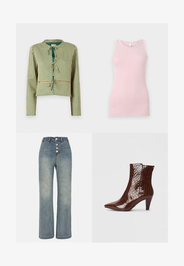Stripet jakke i grøn og beige med en cropped design. Har lange ærmer, en rund krave og snore foran. To forlommer.; Lyserød tanktop lavet af blød og strækbar stof. Har en rund halsudskærm og smalle skulderstropper, med en glat tekstur og tætsiddende pasform.; Lys blå denim brede bukser med høj talje, fem-knap lukning og to foran lommer. Glat tekstur med subtil falmning.; Brune ankelstøvler i imiteret læder med spids snude, krokodillemønster og en stakket hæl på 5 cm. Sidelukning uden synligt hardware.