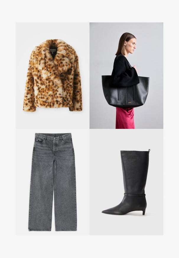 Švarkas su leopardų raštu, pagamintas iš dirbtinės vilnos, su iškirpimu, dvigubomis sagomis ir šiek tiek trumpesne forma. Minkšta tekstūra su įvairiais rudos atspalviais.; Juodas golfo megztinis, pagamintas iš minkštos medžiagos, su raštuotomis detalėmis apykaklėje ir rankogaliuose, laisvai prigludęs ir su šoninėmis įpjovomis.; Platus kojų džinsai tamsiai pilko džinsinio audinio. Yra aukšta liemenė, penkių kišenių dizainas ir priekinis sagčių uždarymas. Lygus paviršius su subtiliu dėvėjimosi efektu.; Juodas odinis iki kelių botas su smailiu batu, akcentuotas apvaliu diržu aplink kulkšnį ir žemu, siaurėjančiu kulnu. Lygi tekstūra.; Juodas odinis rankinės modelis su tekstūruotu paviršiumi, turintis dvi vertikalias linijas, dvi petinių dirželių poras ir minimalistinį dizainą.