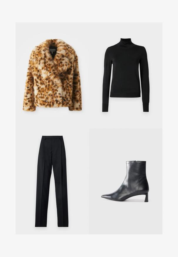 Jacke aus Leopardenmuster-Faux-Fur mit Reverskragen, doppelter Knopfleiste und leicht verkürzter Form. Weiche Textur mit unterschiedlichen Brauntönen.; Schwarzer Langarmrollkragenpullover mit gerippten Bündchen und Saum, auf einem schlichten weißen Hintergrund präsentiert.; Schwarze Hosen aus glattem Stoff mit hoher Taille, weitem Bein, vorderen Falten und klassischen Gürtelschlaufen. Keine sichtbaren Seitentaschen.; Schwarze Lederstiefelette mit spitzer Zehe und schlankem Design. Verfügt über einen niedrigen Absatz und einen Reißverschluss hinten. Glatte Textur.