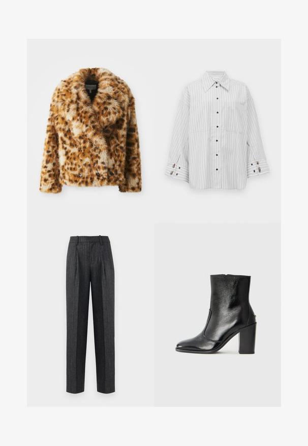 Chaqueta de piel sintética de estampado de leopardo con cuello con muescas, frente de doble botonadura y forma ligeramente recortada. Textura suave con tonos marrones variados.; Camisa de botones de gran tamaño a rayas gris claro, con dos bolsillos frontales y botones negros en contraste. Tejido suave con puños en capas.; Pantalones ajustados de tela gris oscuro con finas rayas, que presentan un corte recto, pliegues frontales y una textura suave.; Botín negro de cuero con textura suave, puntera puntiaguda y un tacón alto y robusto. Presenta una apertura lateral y un diseño minimalista.