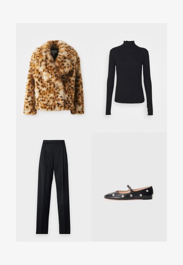 Jakna iz umetnega krzna s leopardjim vzorcem, z izrezanim ovratnikom, dvema vrstama gumbov spredaj in rahlo skrajšano obliko. Mehka tekstura z različnimi odtenki rjave barve.; Črn dolg rokav turtleneck zgornji del iz gladkega materiala, ki se ponaša z nabranim ovratnikom in prilegajočim silhueto s preprostimi robovi.; Črne hlače iz gladkega materiala, ki imajo visok pas, široke noge, sprednje nabore in klasične zanke za pas. Nevidni stranski žepi.; Črne usnjene Mary Jane balerinke z zaobljenim noskom, opremljene z zlatimi krožnimi mošnjo in nastavljivim trakom z zaponko.