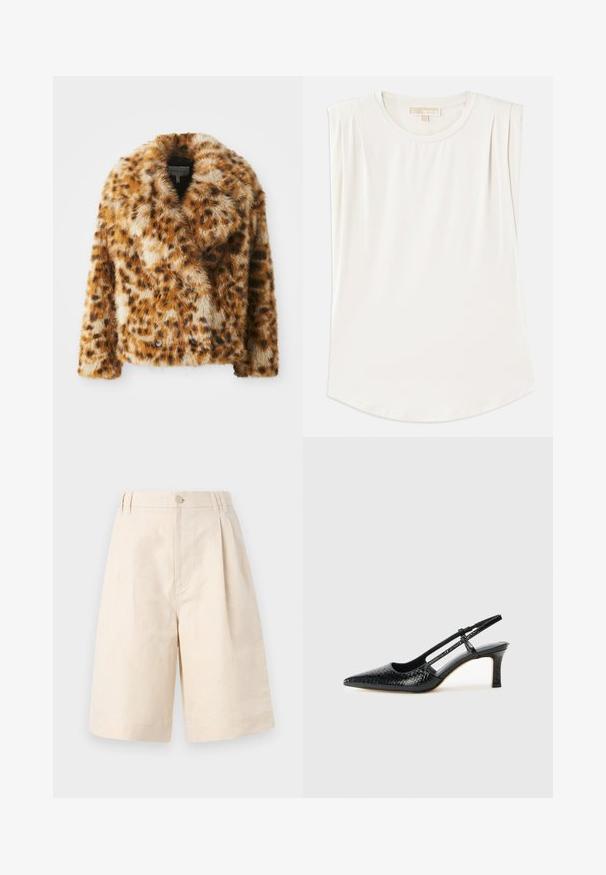 Casaco de pele sintética com padrão de leopardo, com colarinho serrado, frente de duplo botão e formato ligeiramente cropped. Textura suave com tons de castanho variados.; Top branco sem mangas feito de um tecido liso, com um decote redondo e pregas subtis nos ombros, apresentando uma bainha curva.; Calções de linho em tom bege, com um corte relaxado, apresentando fecho de botão, design plissado e comprimento até ao joelho. Textura suave e estilo simples.; Salto slingback em patente preta com bico apontado, apresentando um padrão de pele de cobra texturizado, tira ajustável e um salto bloco curto e texturizado.