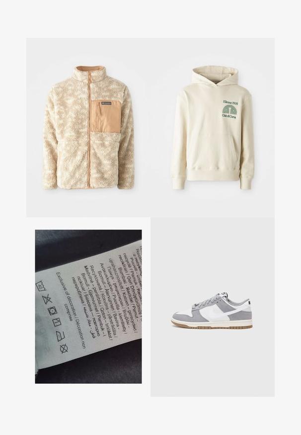 Bežová fleecová bunda s plným predným zipsom, textúrovanou tkaninou a svetlohnedou vreckom na hrudi so zipsom so značkou Columbia.; Béžová bavlnená mikina s klokaním vreckom. Zelený textový logotyp "Ellesse 1959" a zakrivená grafika na ľavej hrudi. Mäkkučký materiál, klasický strih.; Štítok s viacjazyčným textom, symbolmi starostlivosti a ikonami recyklácie, vytlačený na jemnom textilnom materiáli svetlej farby.; Sivé a biele tenisky s vrchom z semišu a kože, zaoblenou špičkou, plochými šnúrkami a gumovou podrážkou s akcentom vo farbe gumy.