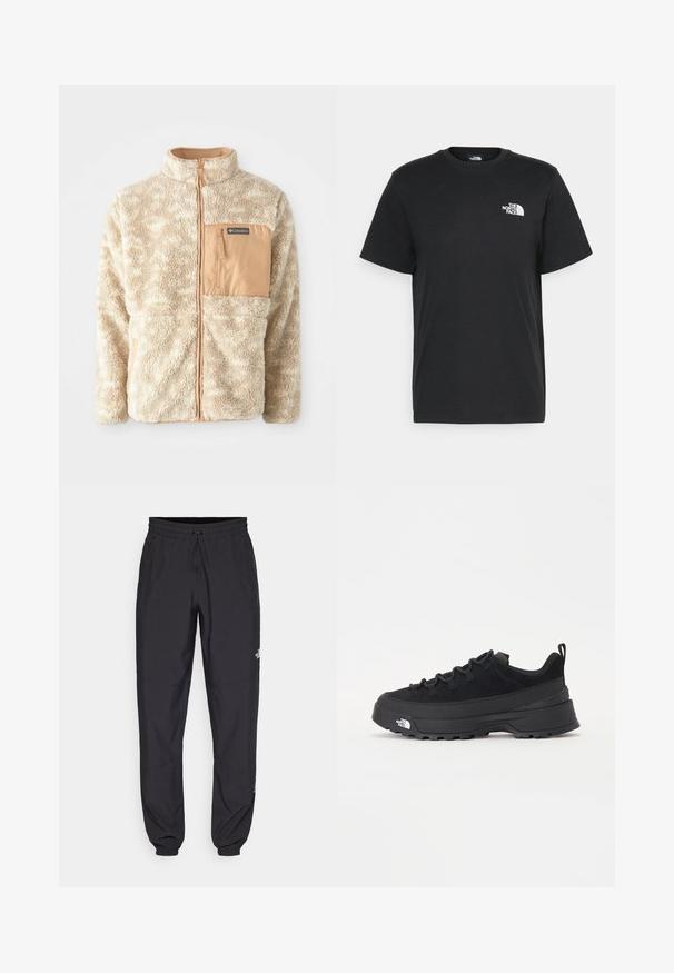 Beige fleecejakke med fuld frontlynlås, tekstureret stof og tanfarvet lynlåslomme på brystet mærket Columbia.; Sort bomulds t-shirt med korte ærmer, rund hals og et lille hvidt logo på venstre bryst. Enkel design, glat tekstur og afslappet pasform.; Sorte atletiske bukser lavet af letvægtsstof, med en snor i taljen, sidelommer og tapered manchetter ved anklerne.; Sort udendørs sneakers med overdel i ruskind, tekstureret gummisål og robust snøringssystem. Har en forstærket hæl og logo fra mærket på siden.