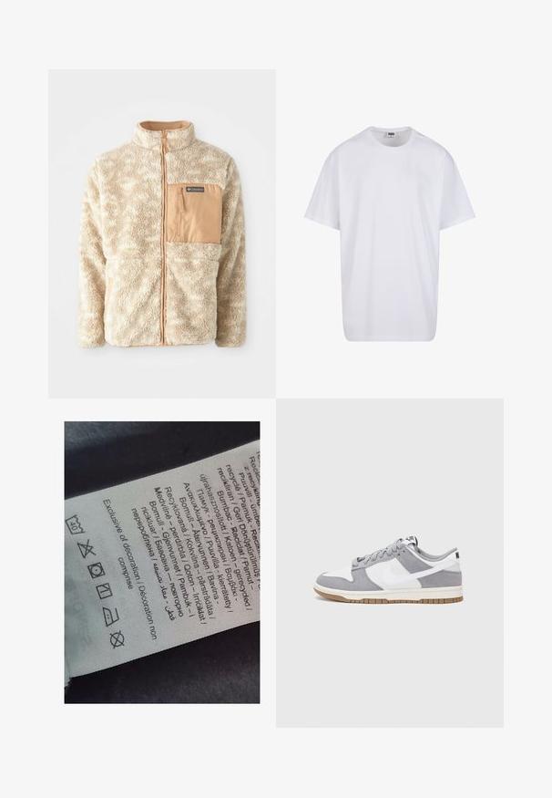 Jachetă din fleece bej cu fermoar pe toată fața, țesătură texturată și buzunar pe piept cu fermoar de culoare bej, etichetat Columbia.; Tricou alb din bumbac cu mâneci scurte, decolteu rotund, croială lejeră și fără logo-uri sau modele vizibile. Textură netedă și design minimalist.; Etichetă cu text în mai multe limbi, simboluri de îngrijire și icoane de reciclare, imprimată pe un material moale, asemănător cu țesătura, de culoare deschisă.; Sneaker gri și alb, cu un superior din suede și piele, vârf rotund, șireturi plate și o talpă din cauciuc ce prezintă un accent de culoare gum.