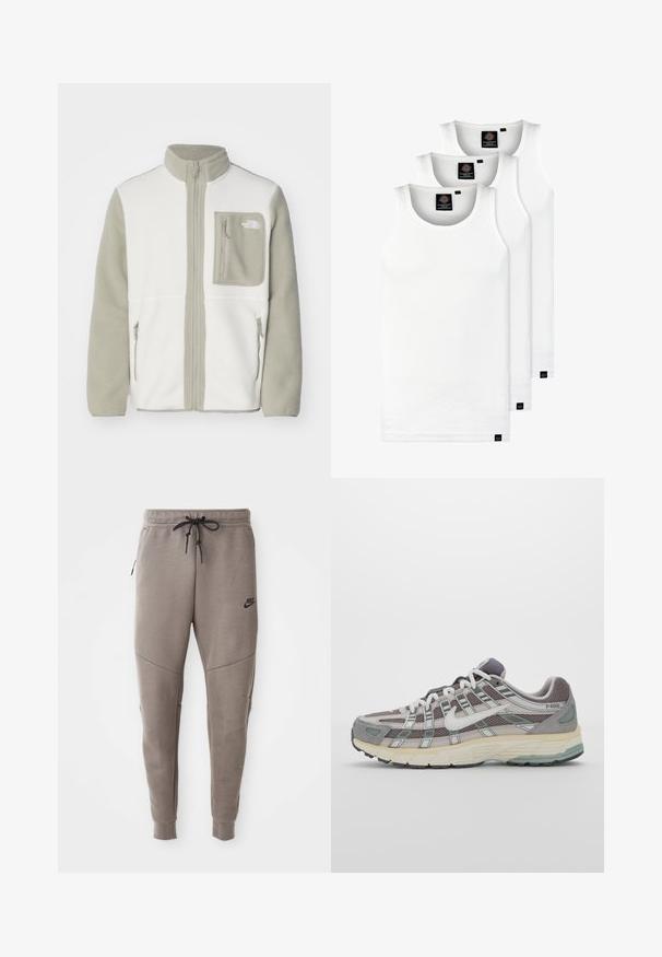 The North Face M YUMIORI FULL ZIP - Fliisjakk - white dune/clay grey; Kolm valget ribaga t-särki, mis on valmistatud puuvillast. Omavad ümmargust kaelanõhku ja väikseid musti silte hemme lähedal. Saadaval erinevates suurustes.; Hallide Nike dressipüksid, millel on nööriga vöökoht, kitsenevad sääred, küljetaskud ja eristuv õmbluse detail. Pehme, tekstureeritud kangas.; Hallus hallitus jalanõud, millel on võrgust ja sametist ülemine osa, valged rõhutused, pehme tald ning eristuv disain peegelduvate elementidega.