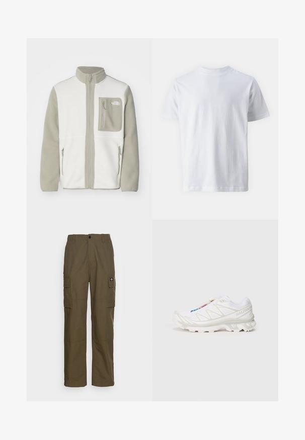 The North Face M YUMIORI FULL ZIP - Flisinė striukė - white dune/clay grey; Baltas trumpas rankovėmis marškinėliai, pagaminti iš medvilnės, su apvaliu iškirpimu ir lygiu paviršiumi, tiesaus kirpimo ir be raštų.; Olive žalios spalvos kelnių kelnaitės, pagamintos iš patvarios medžiagos. Yra dvi šoninės kišenės, standartinė liemens linija ir tiesios kojų dizainas.; Baltas sportinis batelis su tekstūruotu tinkliniu viršumi, atspindinčiais akcentais ir paminkštintu padu. Išskirtinis prekės ženklo logotipas šone.