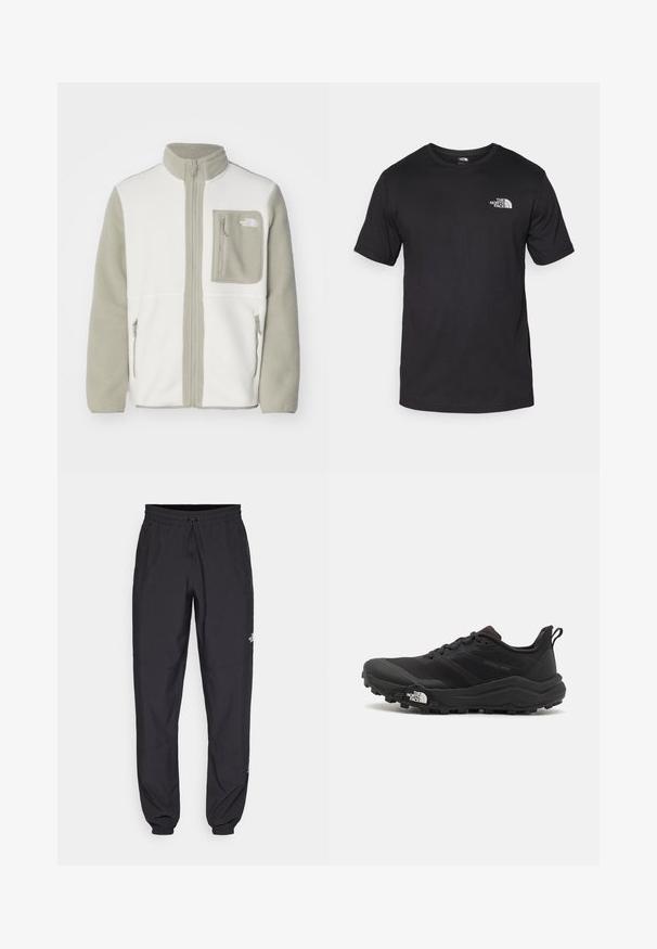 The North Face M YUMIORI FULL ZIP - Jakna iz flisa - white dune/clay grey; Črna kratko sleeved majica iz bombaža, s krožnim izrezom in majhnim belim logotipom na zgornjem levem delu prsnega koša.; Črne atletske hlače iz lahkega materiala, ki imajo elastični pas z vezalko, stranske žepe in zožene manšete na gležnjih.; Črne tekaške čevlje za trail s teksturirano zgornjega dela, gumijastim podplatom in ojačanim zaključkom prstov. Vključuje oblazinjen ovratnik in zanko za enostavno obuvanje.