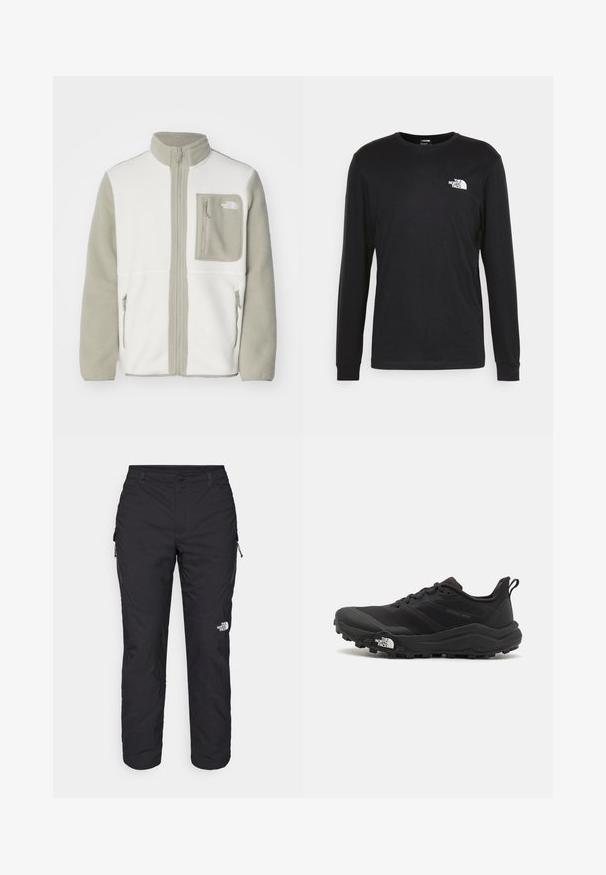 The North Face M YUMIORI FULL ZIP - Casaco polar - white dune/clay grey; Camisola de manga longa preta feita de algodão, com um logo branco no lado esquerdo do peito e punhos canelados. Textura suave com decote redondo.; The North Face WINTER EXPLORATION TAPERED CARGO - Calças para exterior - black; Sapatilha de trail running preta com um upper texturizado, sola de borracha e biqueira reforçada. Possui um colarinho acolchoado e uma alça para facilitar o calçar.