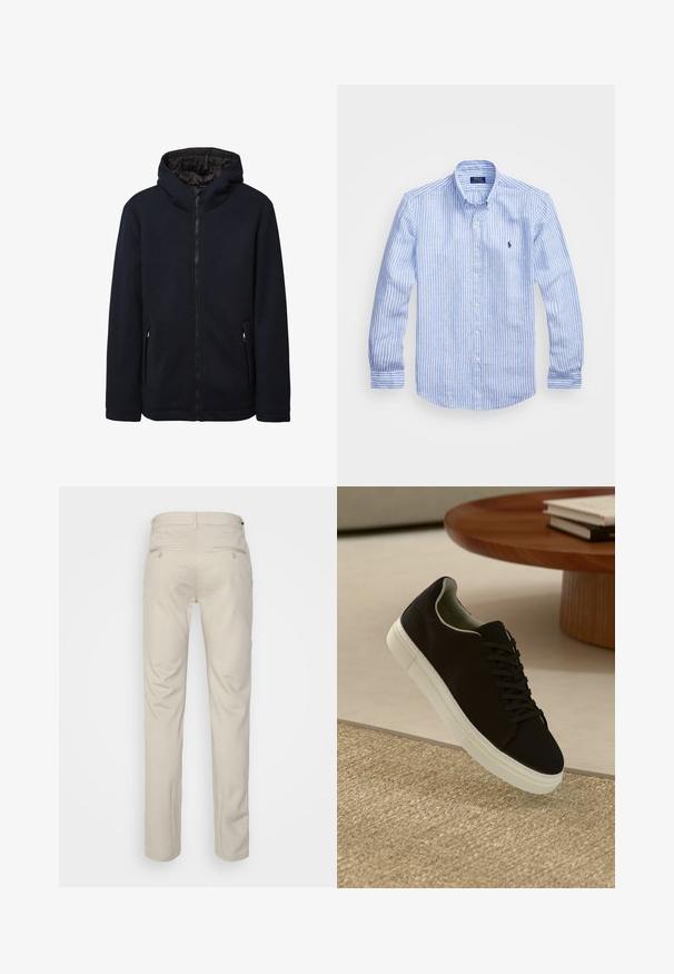 Giacca zip-up blu navy con cappuccio, tessuto testurizzato, due tasche laterali e fodera interna liscia. Presenta un orlo e polsini aderenti.; Camicia a maniche lunghe a righe bianche e blu in cotone, con colletto button-down, bottoni frontali e un piccolo logo ricamato sul petto.; Pantaloni beige con una texture liscia, taglio dritto, due tasche posteriori con bottoni e vita standard.; Sneaker nero con suola bianca che flotta sopra un tappeto beige testurizzato vicino a un tavolo rotondo in legno con libri impilati.