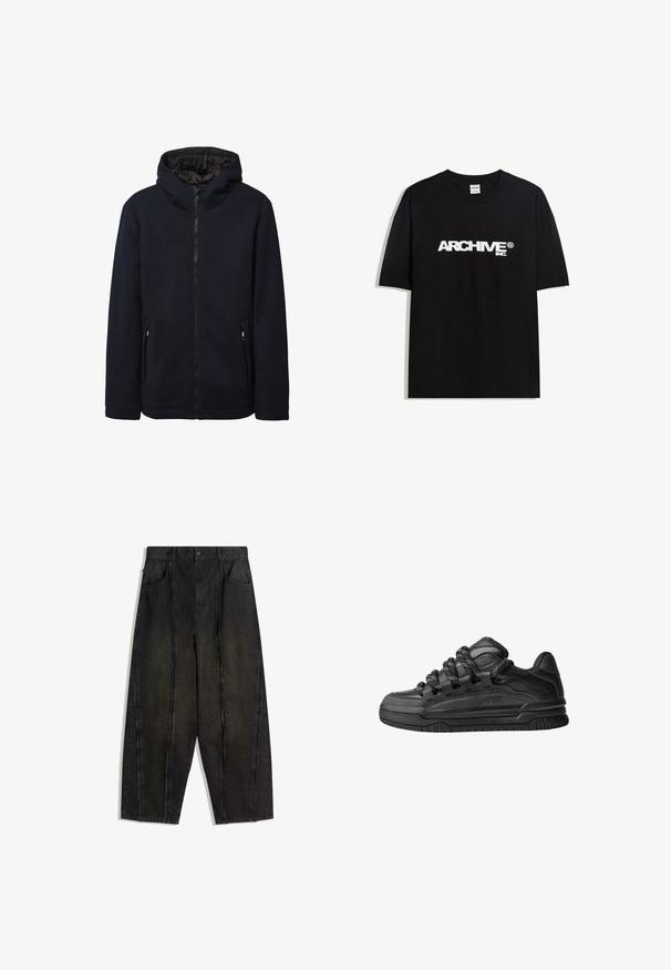 Marineblaues Zip-Jacke mit Kapuze, strukturiertem Stoff, zwei Seitentaschen und einem glatten Innenfutter. Verfügt über einen taillierten Saum und Bündchen.; Schwarzes Baumwoll-T-Shirt mit einem weißen "ARCHIVE inc." Logo auf der Brust, kurzen Ärmeln und einem Rundhalsausschnitt.; Schwarze weit geschnittene Jeanshose mit sichtbaren Nähten und fransigen Kanten, ausgestattet mit zwei vorderen Taschen und einem hoch geschnittenen Design.; Schwarze Sneakers mit einem glatten Leder-Obermaterial, strukturierten Akzenten und runden schwarz-weißen Schnürsenkeln. Dicke Gummisohle mit einem gemusterten Profil.