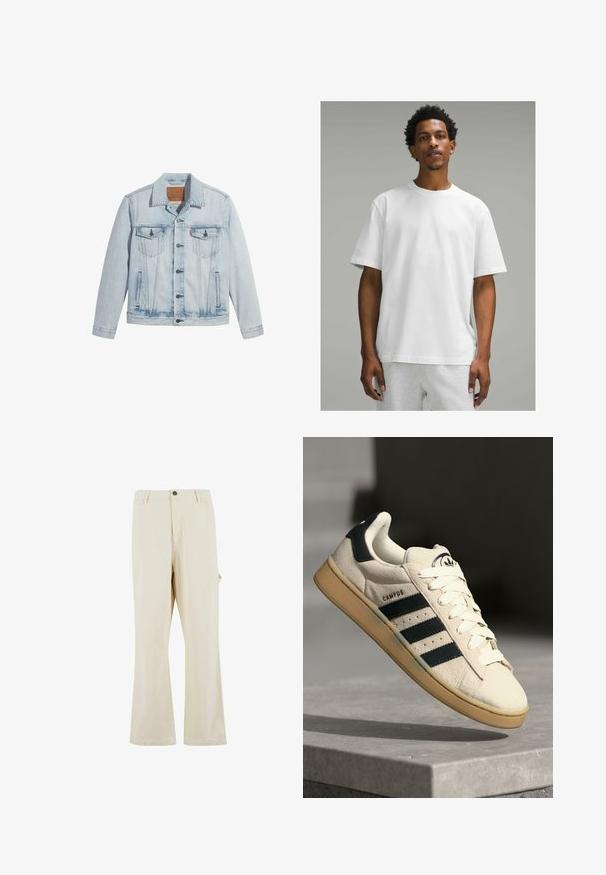 Vaaleansininen farkkutakki, jossa on nappikiinnitys, kaksi rintataskua ja klassinen kaulus. Kuluneet yksityiskohdat ja hieman muotoiltu leikkaus.; Valkoinen puuvillapaita, jossa on lyhyet hihat, pyöreä kaula-aukko ja väljä malli. Suuri pinta, yksinkertainen muotoilu, ei näkyviä kuvioita tai yksityiskohtia.; Beige, leveleinen housut, valmistettu puuvillasekoitekankaasta, napillinen suljenta. Varustettu sivutaskuilla ja hienovaraisella pinnalla. Saumakuviointi näkyvissä.; Beige mokkanahka lenkkarit, joissa on kolme tummansinistä raitaa, valkoiset nauhat ja vaaleanruskea kumipohja. Kengissä on logo kielessä ja "CAMPUS"-teksti.