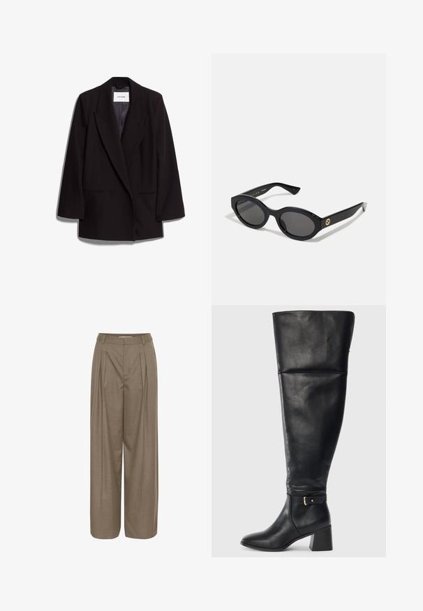 Juodas dvigubas švarkas, pagamintas iš glotnios medžiagos, su plačiais atvartais, dviem priekinėmis kišenėmis ir pritaikytu siluetu. Prekių etiketė matoma viduje.; Ilgų rankovių turtleneko marškinėliai šviesiai bežėje spalvoje. Pagaminti iš minkšto, elastingo audinio, su laisvu siluetu ir sulankstytu kaklo iškirpimu.; Plisuoti plačių kojų kelnių modeliai šviesiai rudos spalvos audinyje, su struktūruotu juosmeniu ir lygiu paviršiumi, sukurti komfortui ir universalumui.; Juodas odinis aulinis batas iki kelių su blokuotu kulnu ir dekoratyvia juostele su auksine sagtimi virš kulkšnies, šoninis vaizdas ant balto fono.; Juodos ovalios saulės akinių su tamsiais lęšiais ir blizgia plastiko apvadu. Su auksiniu logotipu ant šventyklos, siūlo elegantišką ir modernų dizainą.