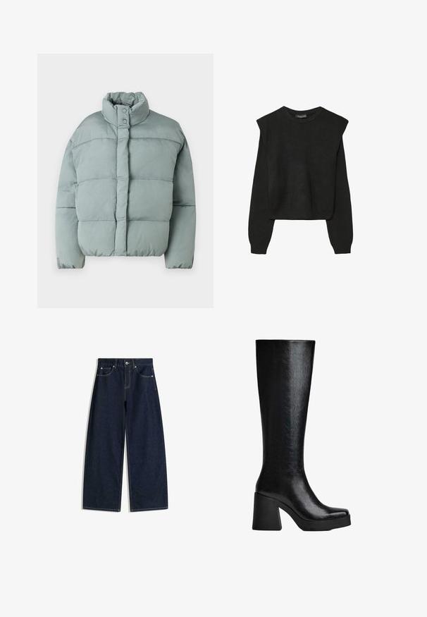 Ljusgrön puffjacka med ståkrage, tryckknappar och horisontell quiltad textur. Mjuk tyg, något överdimensionerad passform.; Svart långärmad stickad tröja med vadderade axlar och ribbade muddar och fåll, visad mot en vit bakgrund.; Mörkblå jeans med vida ben, framfickor, knappstängning och synliga sömmar på vit bakgrund.; Svarta knähöga stövlar gjorda av texturerat syntetmaterial, med fyrkantig tå, kraftig klack och slät, slank yta.