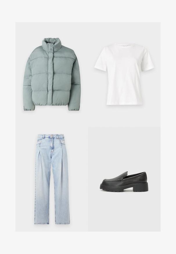 Chaqueta de plumas verde claro con cuello alto, cierres a presión y textura acolchada horizontal. Tejido suave, ajuste ligeramente holgado.; Camiseta de algodón blanca de manga corta, con cuello redondo y un corte relajado. Textura suave, sin patrones ni acentos, diseño minimalista.; Jeans de mezclilla azul claros con cintura alta, corte de pierna ancha, dos bolsillos laterales y un diseño plisado. Textura suave con un acabado deslavado.; Mocasines de piel negra con punta redondeada, suela texturizada gruesa y mínimos detalles de costura. Diseño elegante sin cordones o herrajes visibles.
