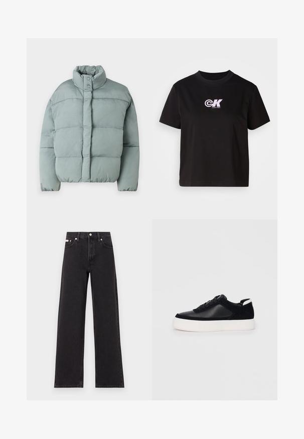 Svetlo zelena puhasta jakna s stoječim ovratnikom, podboji na gumb in vodoravnim prešitim vzorcem. Mehka tkanina, nekoliko prevelik kroj.; Črn bombažni majica s krožnim izrezom in kratkimi rokavi. Na zgornjem levem delu prsnega koša se nahaja bel in roza "CK" logo.; Črne široke jeans hlače iz denima, s poudarjenim pasom, petimi žepi in kovinskim gumbom za zapiranje ter kontrastnim šivanjem.; Črne športne copate z gladko usnjeno in semišnimi paneli, ravnimi vezalkami, zaobljenim nosom in belim gumijastim podplatom. Oznaka na peti.