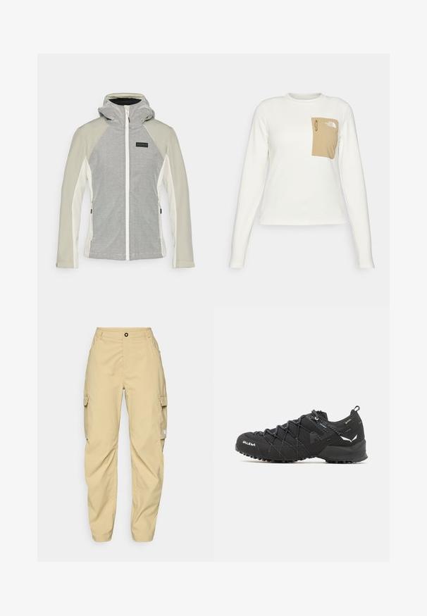 Hellgraue und weiße Jacke mit Reißverschluss und Kapuze. Der Körper hat ein gestreiftes Muster, während die Ärmel uni sind.; Weißes Langarmhemd aus strukturiertem Stoff mit einer beigen aufgesetzten Tasche, die einen Kordelzug und ein Logo trägt.; The North Face EXPLORATION CARGO PANTS - Outdoor-Hose - khaki stone; Schwarze Wanderschuhe mit einem strukturierten Obermaterial aus Stoff, Schnürsystem und robuster Gummisohle. Akzentuiert mit reflektierenden Details und Logos.
