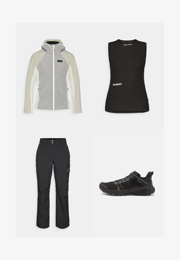 Veste légère grise et blanche avec fermeture éclair et capuche. Le corps présente un motif rayé, tandis que les manches sont de couleur unie.; T-shirt sans manches noir avec un motif texturé, doté d'un col rond et d'un logo "MAMMUT" à l'avant. Fabriqué en matériau respirant.; Pantalons en extérieur noirs à coupe droite, dotés d'une fermeture par bouton, de poches latérales zippées et d'un patch logo sur la cuisse gauche.; Chaussure de course noire avec une tige en maille texturée, un capuchon renforcé à l'avant, et une semelle extérieure en caoutchouc. Dotée d'un système de laçage et de détails de logo sur le côté.